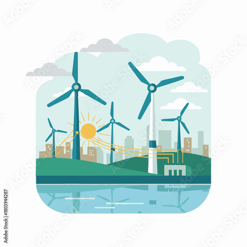 An illustration showing renewable energy sources like wind turbines and solar panels contributing to power generation.