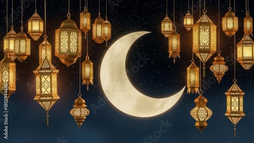 Ramadan lanterns and crescent moon illuminate the night sky with stars