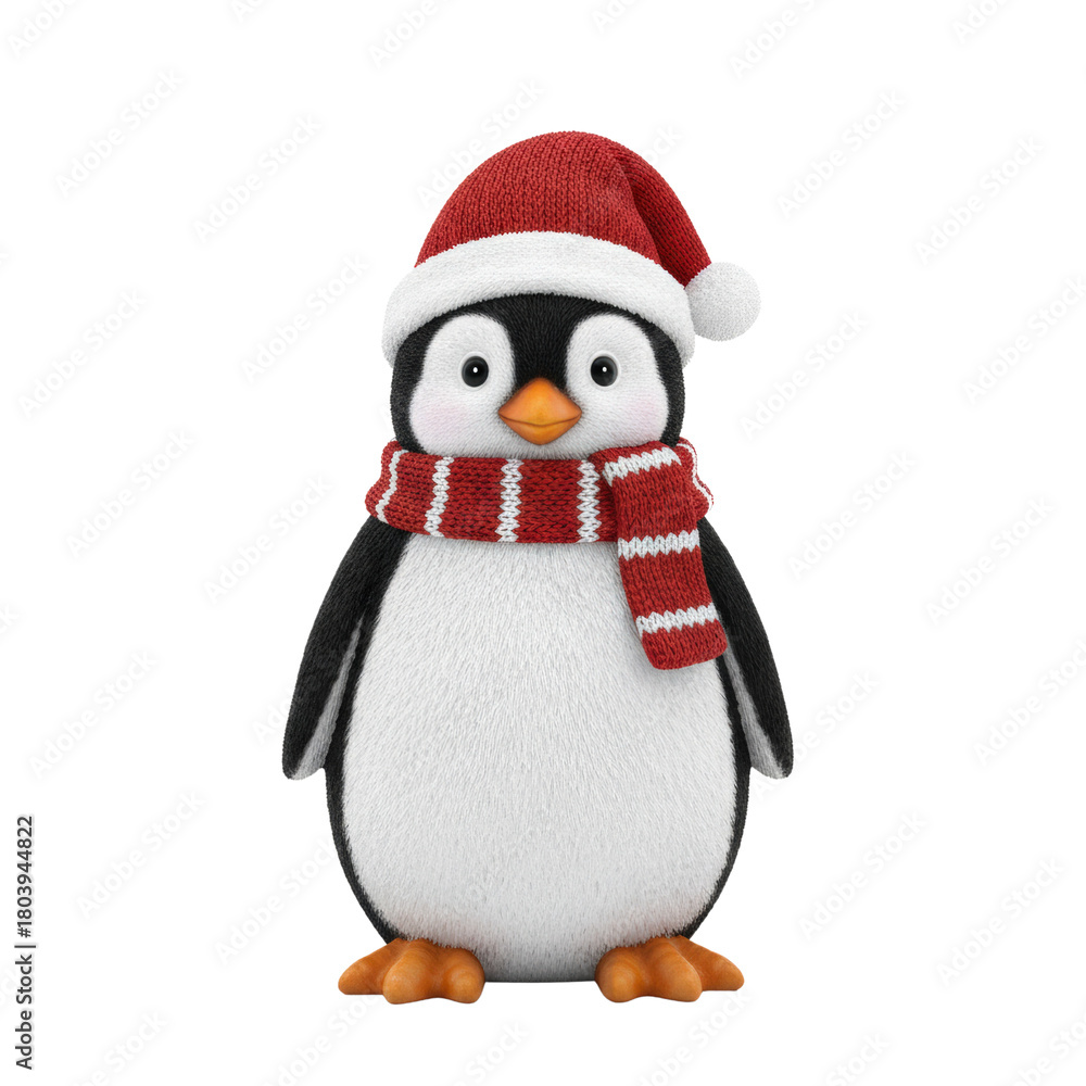Fototapeta premium Cute fluffy penguin in santa hat and scarf