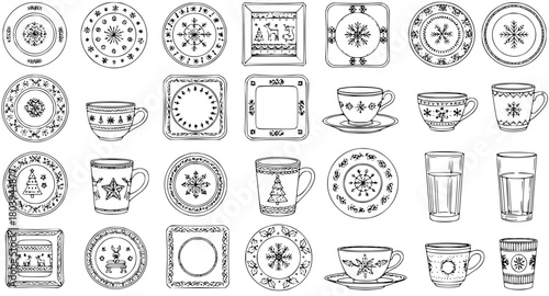 Festive Tableware Collection: Hand-Drawn Plates, Mugs, and Glasses in Black and White