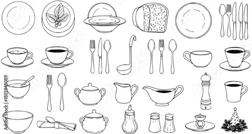 Elegant Table Setting Clipart: Dinnerware, Flatware  Decorations - Vector Illustration