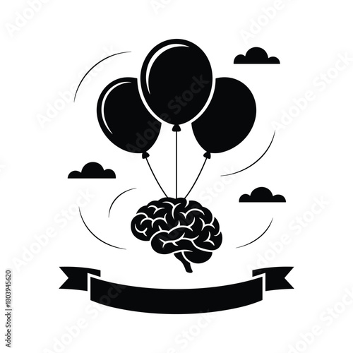 Creative illustration of a brain lifted by balloons, symbolizing imagination, mental freedom, innovation, thinking, creativity and intellectual growth in a modern graphic style.