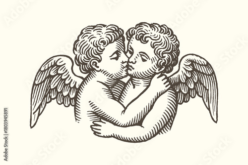 Two kissing cherubs vintage engraving vector illustration