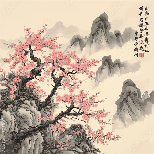 Oriental landscape with sakura trees in blossom and misty forest mountains. Traditional oriental ink painting sumi-e, u-sin, go-hua. Hieroglyphs - eternity, freedom, happiness