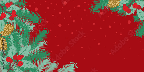Horizontal banner for Christmas decorate with plants on red background with blank space. Compose with pine leaves, pine cone and holly. For artwork design of banner, poster and wallpaper.