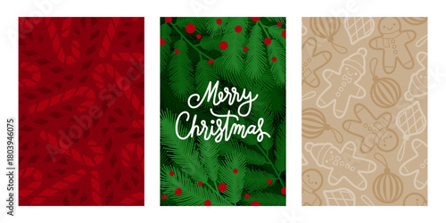 Christmas background layouts with ornaments for artwork design in Christmas color theme. Illustration of pine leaves, candy cane, gingerbread man and Christmas ball. For banner, poster or card.