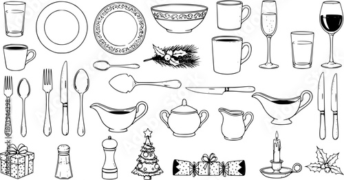 Christmas Dinner Tableware and Festive Decorations Vector Set. Hand-drawn outline icons of plates, glasses, cutlery, mugs, bowls, condiments, Christmas tree, holly, candle, gift box, crackers.