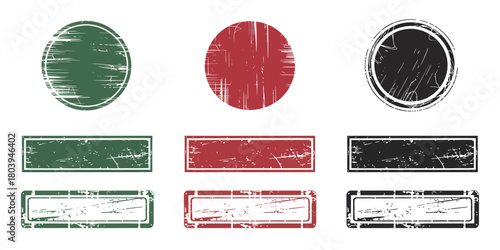 Green Ecologic Rubber Stamp Set – Round And Rectangle Grunge Frames With Vintage Texture And Empty Space In Retro Natural Style, Clean Vector Illustration Elements For Labels, Badges