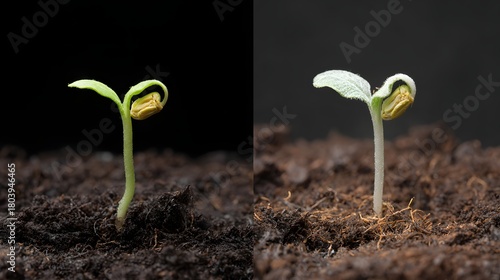 Seedlings grown from fertile soil with the seed coat still attached, showing the initial plant development, germination stages, agricultural concepts and natural growth.