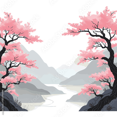 Oriental landscape with sakura trees in blossom and misty forest mountains. Traditional oriental ink painting sumi-e, u-sin, go-hua. Hieroglyphs - eternity, freedom, happiness