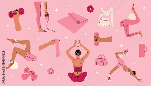 Pink Pilates and Yoga Gear Illustration Set