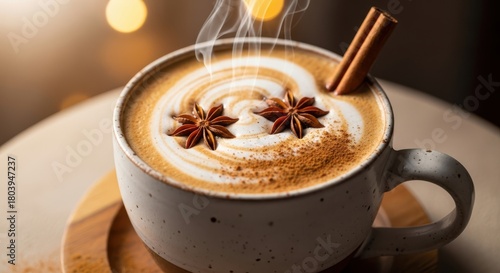 Fototapeta Naklejka Na Ścianę i Meble -  Steaming cup of creamy latte topped with whipped cream star anise and cinnamon stick on a wooden surface with bokeh lights