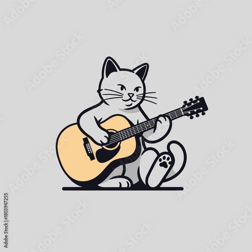 Stylized gray cat character sitting and playing an acoustic guitar. Music and animal mascot design.