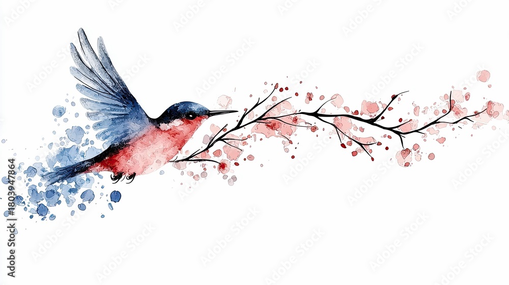 Naklejka premium A watercolor painting of a blue and red hummingbird flying next to a delicate cherry blossom branch with pink petals.