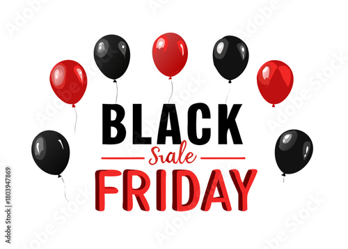 Black Friday Sale banner, poster or flyer design with black and red helium balloons on white background. Trendy modern design template for advertisement, social and fashion ads. Vector illustration