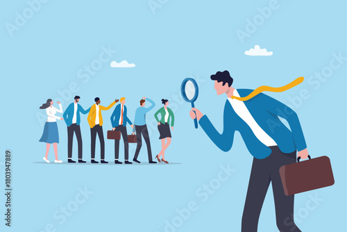 Candidate review, recruitment acquisition process, applicant hiring evaluation, career or job opportunity, choosing winning employee, businessman HR evaluate applicant candidate for job vacancy.