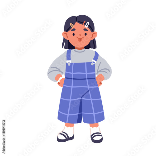 Girl kid with split bifid tongue out. Happy cute little child standing with hands on hips, funny pose. Appearance feature, rare disease. Flat vector illustration isolated on white background