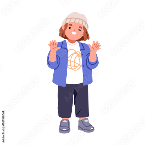 Boy kid greeting with hands, extra six fingers, showing polydactyly. Happy smiling little child with rare congenital trait, anatomy anomaly. Flat vector illustration isolated on white background