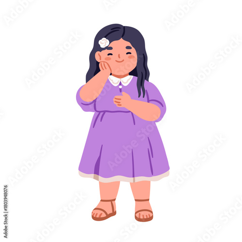 Girl, fat kid in dress. Chubby chunky cute happy preschool kindergarten child smiling, hand on cheek, flower in hair, standing. Flat graphic vector illustration isolated on white background