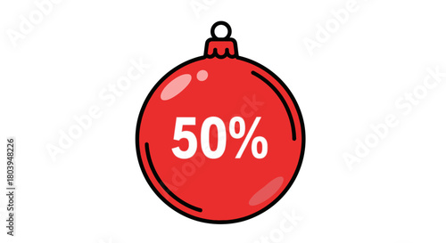 Festive red Christmas ornament icon signaling a special 50% holiday season sale or promotional discount graphic for winter shopping events