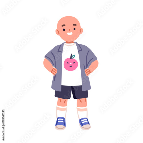 Boy with alopecia, bald hairless head. Happy smiling child. Cute joyful adorable preschool character, kindergarten kid, cheerful excited emotion. Flat vector illustration isolated on white background