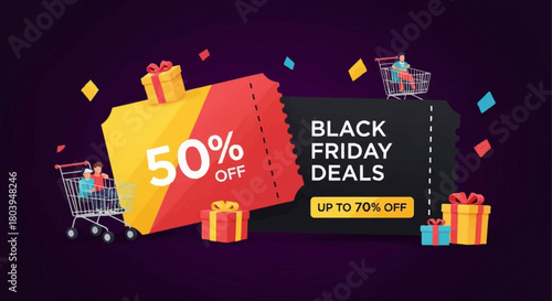 Black Friday Deals Extravaganza: An illustration showcases exciting Black Friday deals, with colorful gift boxes, a 50% off coupon.