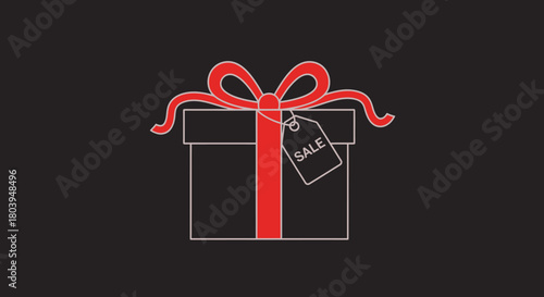 Gift Box and Tag: A vibrant gift box, adorned with a crimson ribbon and a sale tag, represents the essence of giving and special offers. Perfect for various promotional materials.