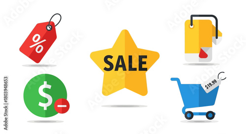 Colorful 3D sale tags and labels for shopping and discount design