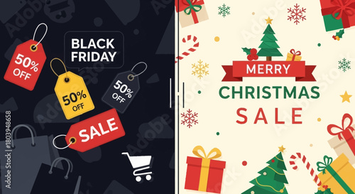 Festive Sale: A vibrant illustration showcasing the spirit of Black Friday and the cheer of Christmas, creating a visual symphony of deals and holiday excitement.