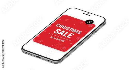 Festive Mobile Offer: A sleek mobile phone displays a vibrant Christmas Sale advertisement, featuring snowflakes, symbolizing the holiday season and special offers, inviting viewers to shop