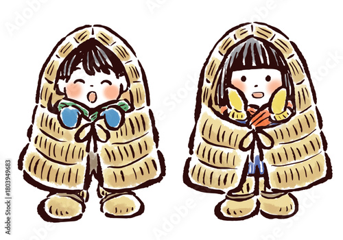 簑（みの）をかぶって雪ん子体験をする子どもたち