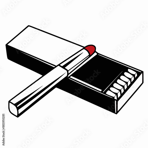 A partially opened matchbox with a single matchstick resting on it