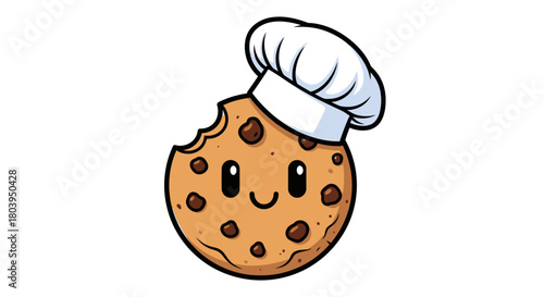 A cute cartoon chocolate chip cookie wearing a chef's hat, with a bite taken out of it.