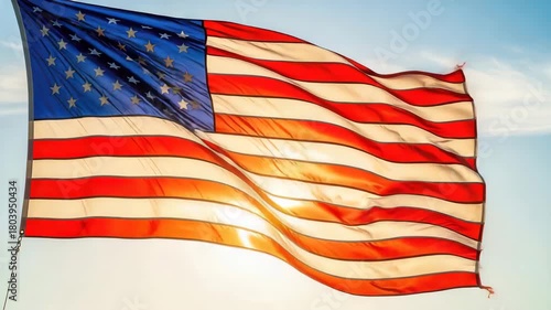 American flag waving in the wind against a bright blue sky backdrop