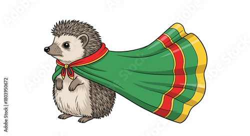 A cute hedgehog wearing a green cape with red and yellow trim.