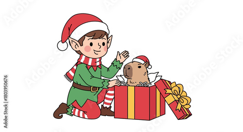 A cheerful Christmas elf presents a capybara wearing a Santa hat emerging from a festive red gift box.