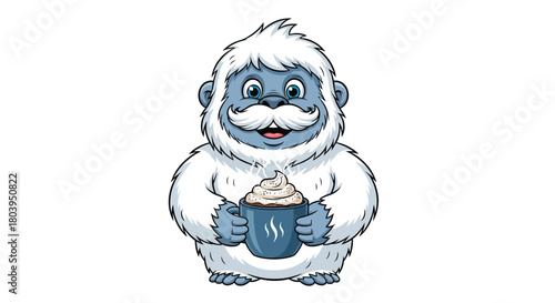 A cute cartoon yeti with white fur and a mustache, holding a blue mug with whipped cream.