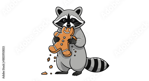 Cartoon raccoon eating a gingerbread man cookie with crumbs falling.