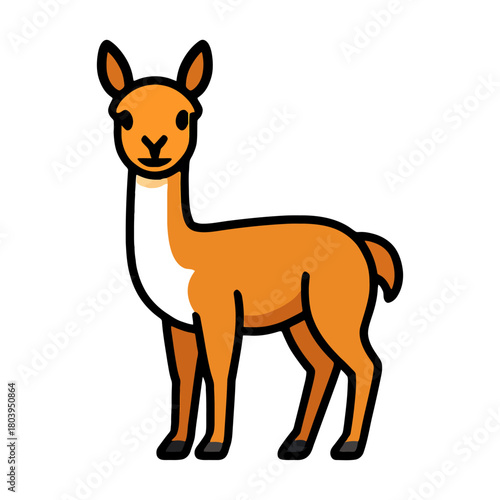 Cartoon illustration of a cute llama standing on white background.