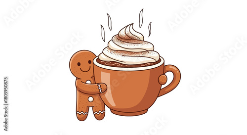 A cute gingerbread man hugging a large mug of hot chocolate with whipped cream on top.