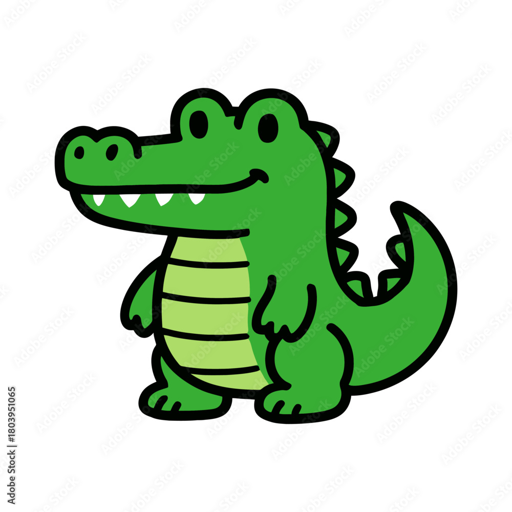 Fototapeta premium Cute green cartoon crocodile on white background smiling.