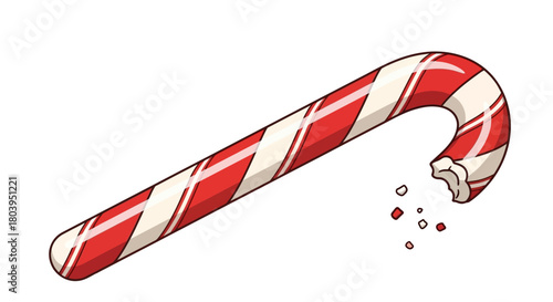 Cartoon illustration of a red and white striped candy cane with a bite taken out of one end, showing crumbs.