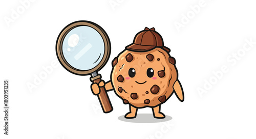 Adorable cartoon chocolate chip cookie character in a detective hat holding a magnifying glass.