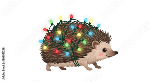 A cute hedgehog is decorated with colorful Christmas lights wrapped around its body.