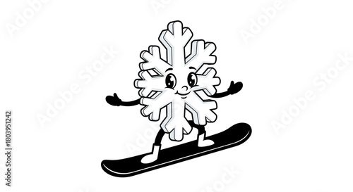 Cartoon snowflake character snowboarding with a happy face, depicted in black and white.