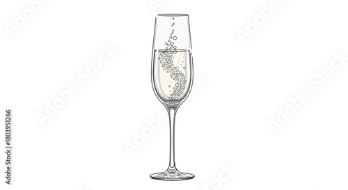 Elegant illustration of a champagne flute filled with sparkling wine and rising bubbles on a white background.