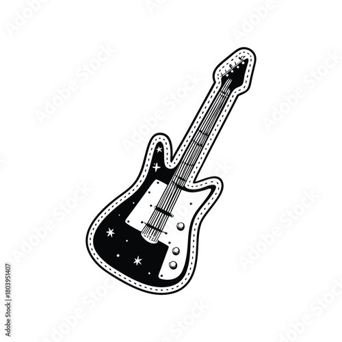Black and white electric guitar vector illustration, graphic vintage retro style