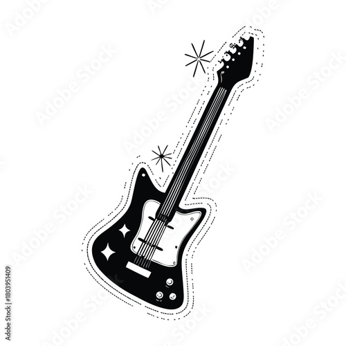 Black and white electric guitar vector illustration, graphic vintage retro style