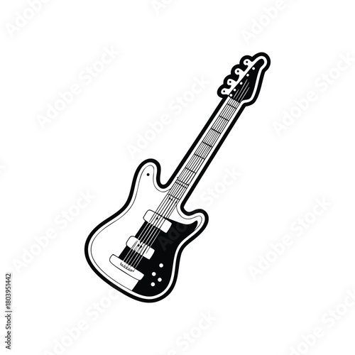 Black and white electric guitar vector illustration, graphic vintage retro style
