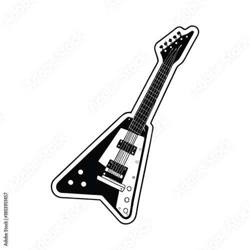 Black and white electric guitar vector illustration, graphic vintage retro style